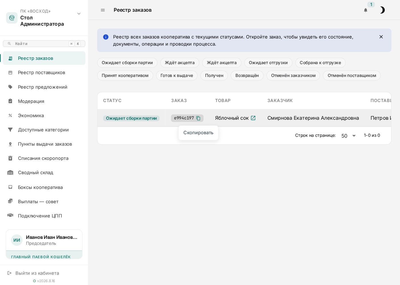 Реестр всех заказов кооператива с текущими статусами